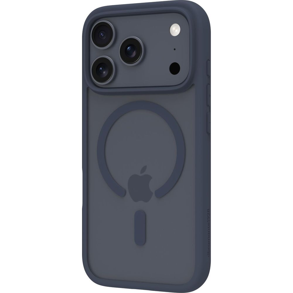 Custodia grigio scuro per iPhone con tre obiettivi e logo Apple.