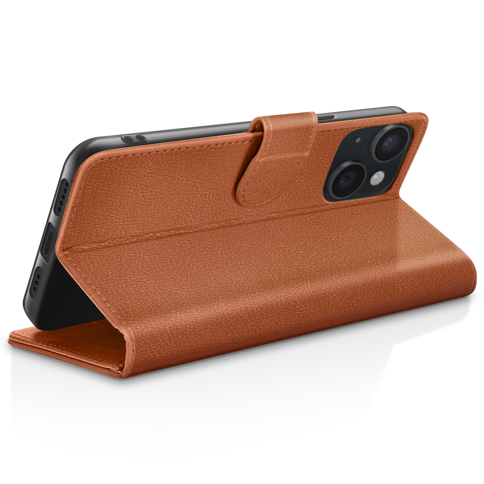 A brown leather flip case for a smartphone, shown open.