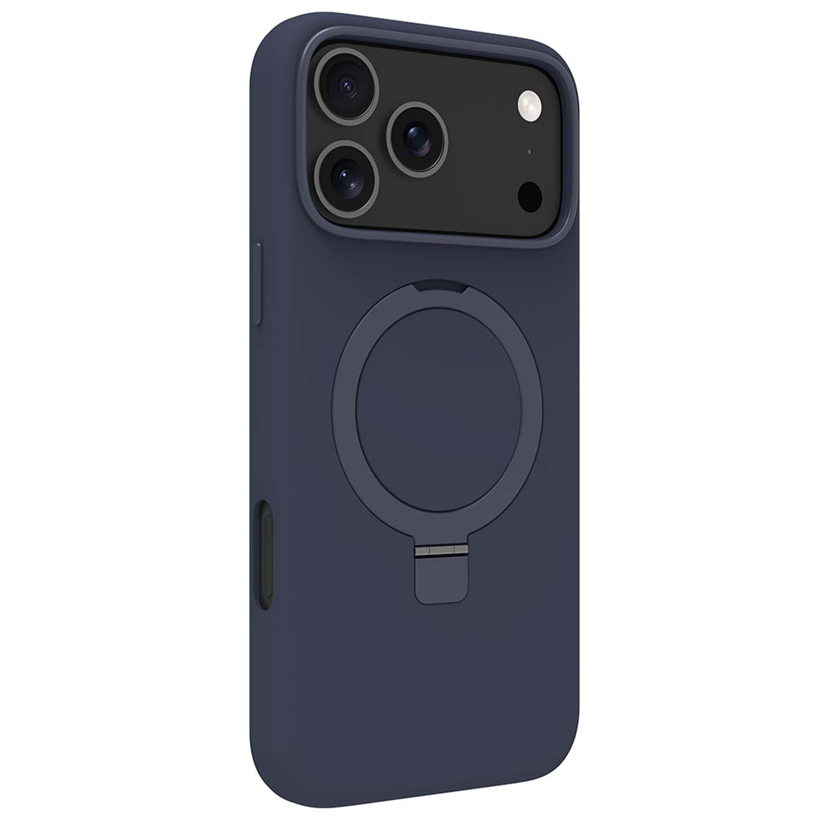Custodia blu scuro per telefono con tre fotocamere e un anello di supporto.