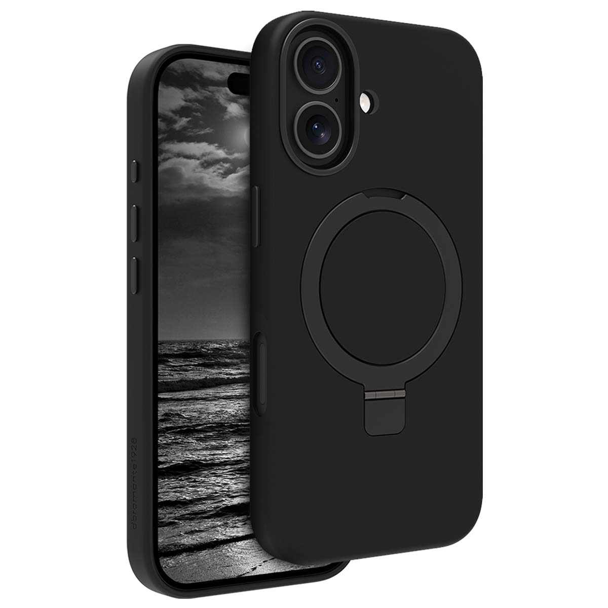 Custodia nera per telefono con supporto magnetico circolare e cavalletto. Schermo mostra mare.