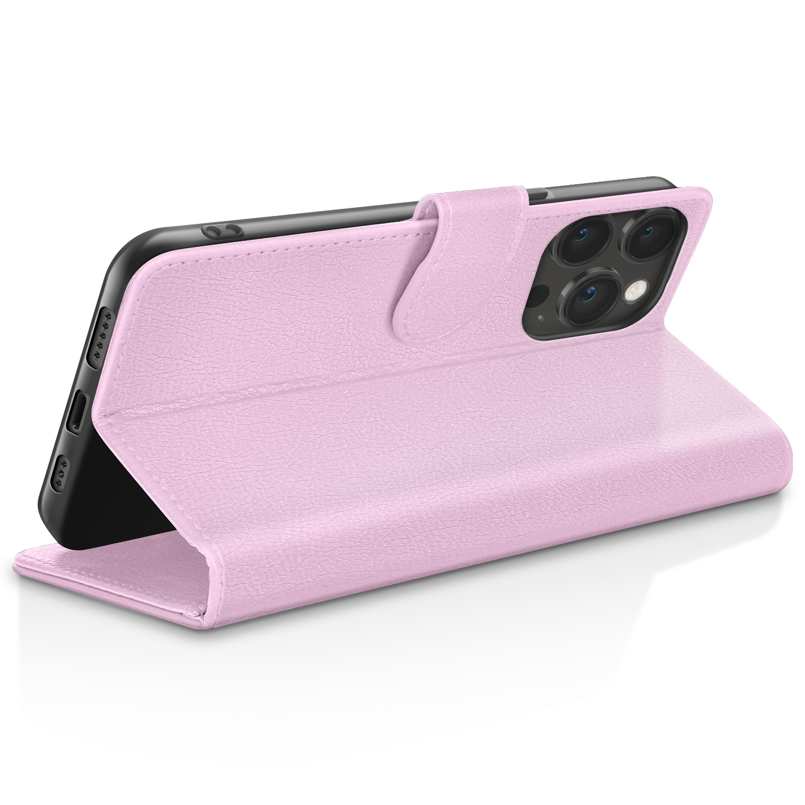 Una custodia rosa chiaro per telefono con una patta che copre il retro.
