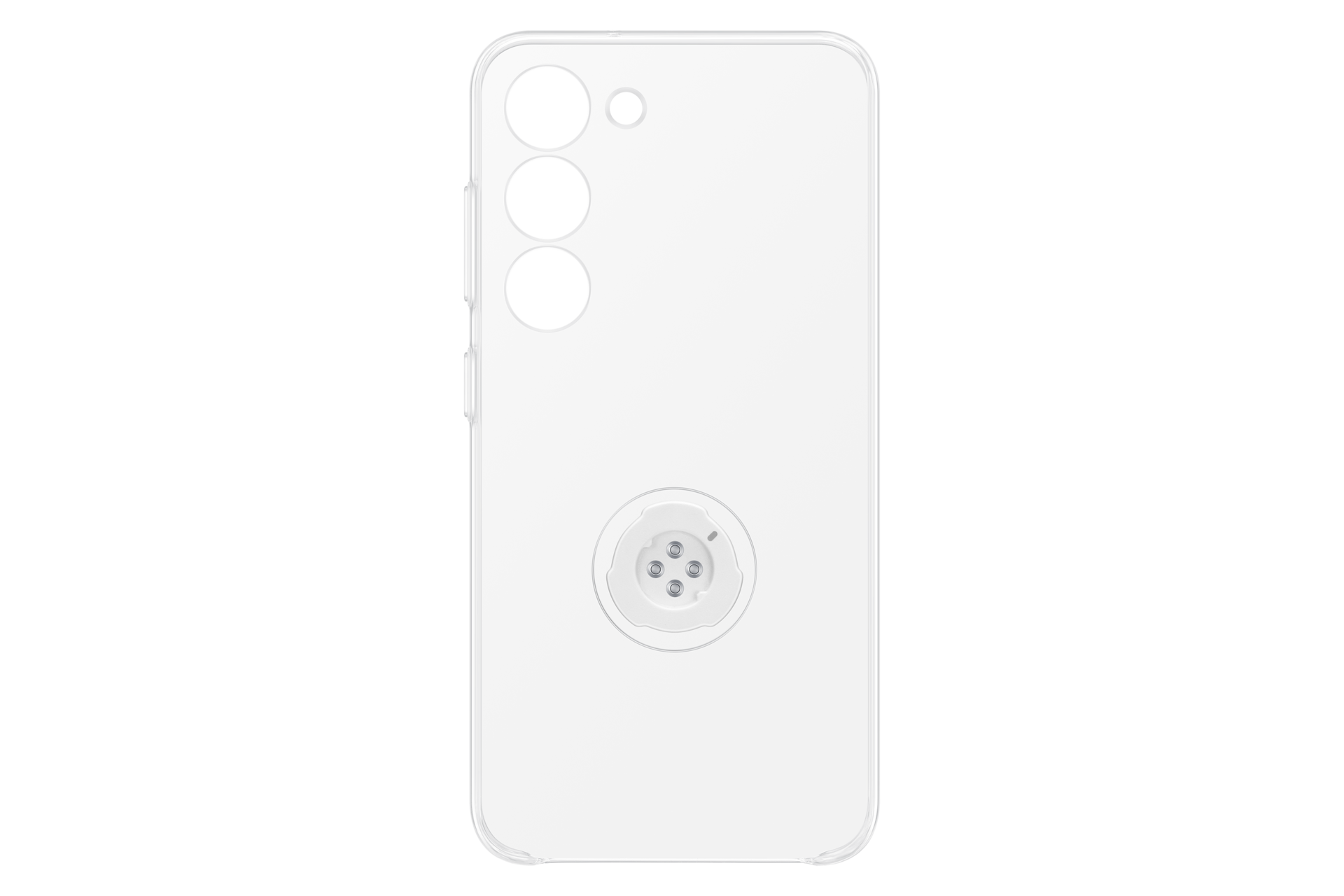 Custodia bianca per telefono con tre ritagli per fotocamera e impugnatura sul retro.