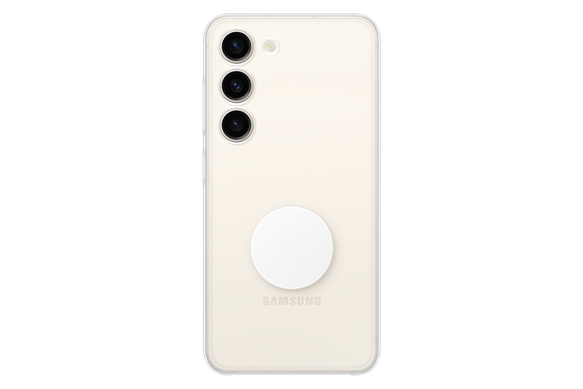 Un Samsung beige chiaro in custodia trasparente con tre fotocamere e impugnatura bianca.