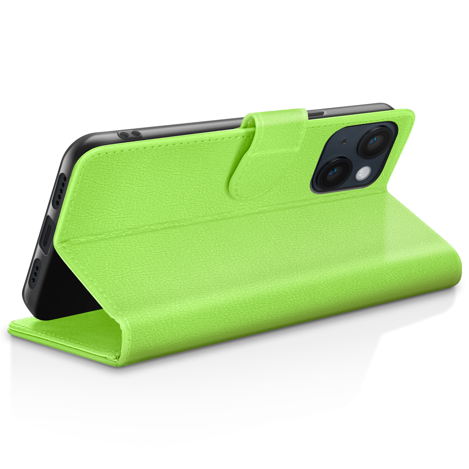 Una custodia per telefono verde brillante, aperta, con il telefono all'interno. Le fotocamere sono visibili.