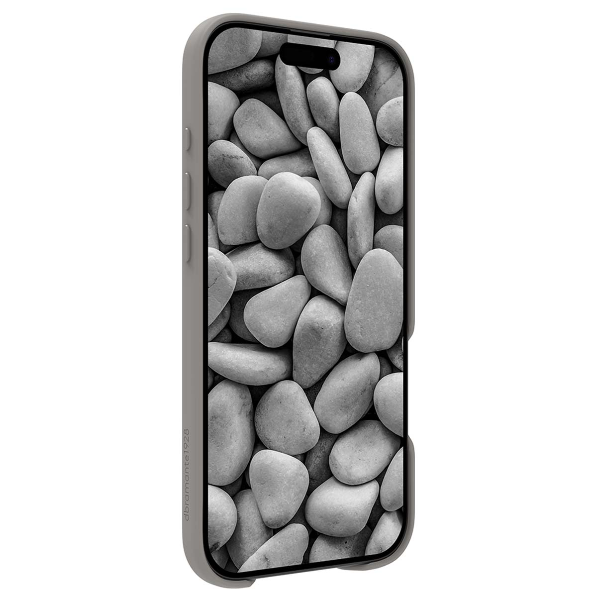 Graues Smartphone mit Kieselsteindekor. Die Rückseite ist mit vielen glatten, grauen Kieselsteinen bedeckt.