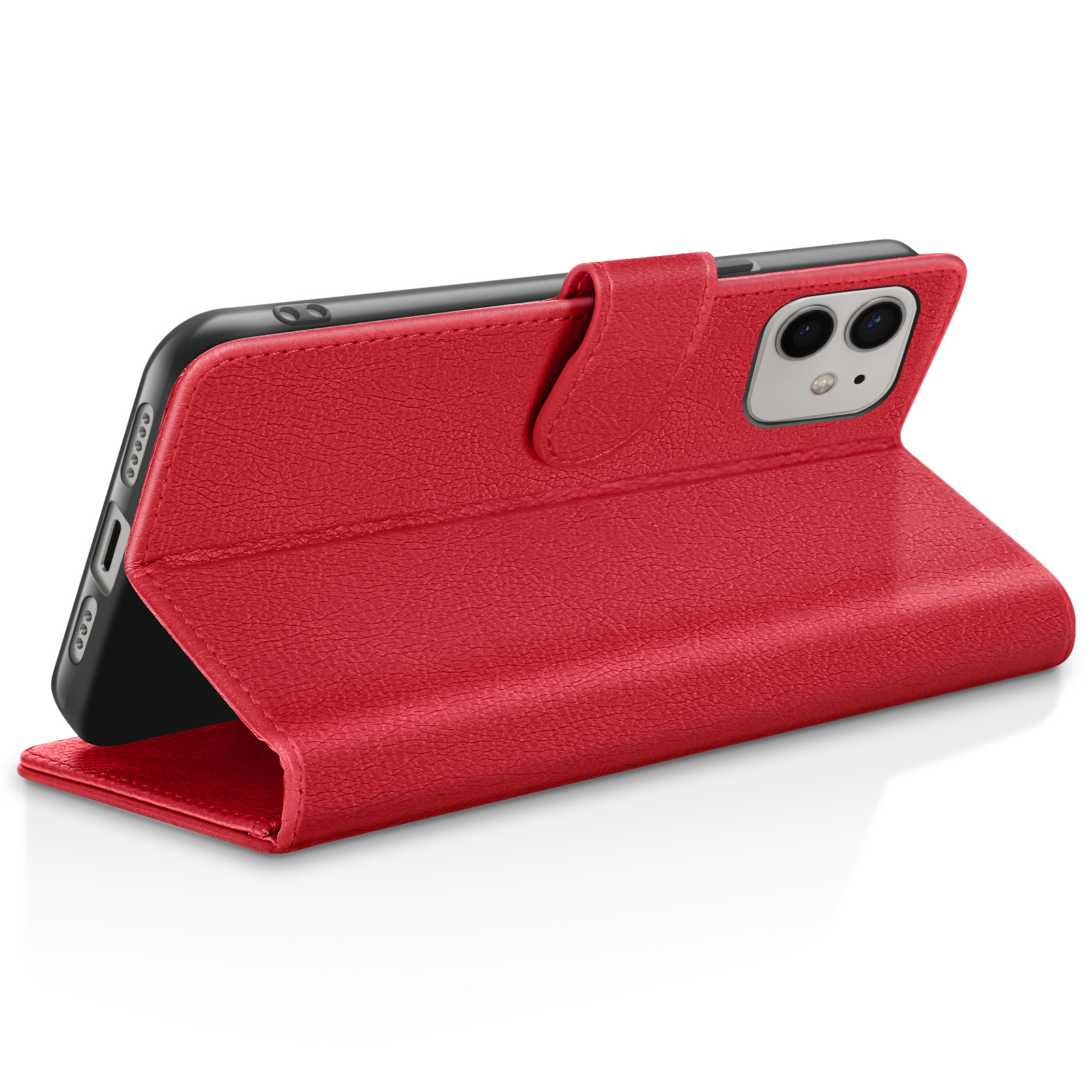 Custodia a libro rossa per telefono, con fotocamera e supporto aperto.