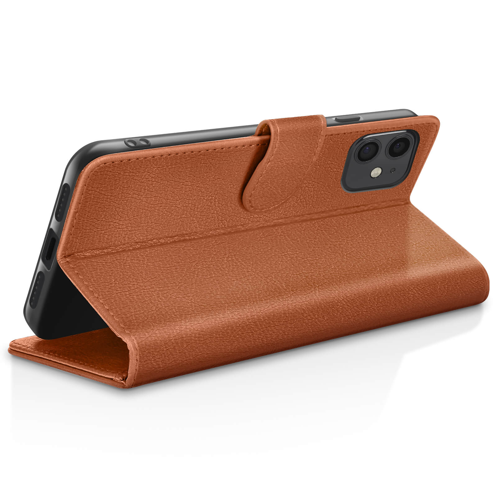 Custodia a libro in pelle marrone per smartphone, su superficie bianca.