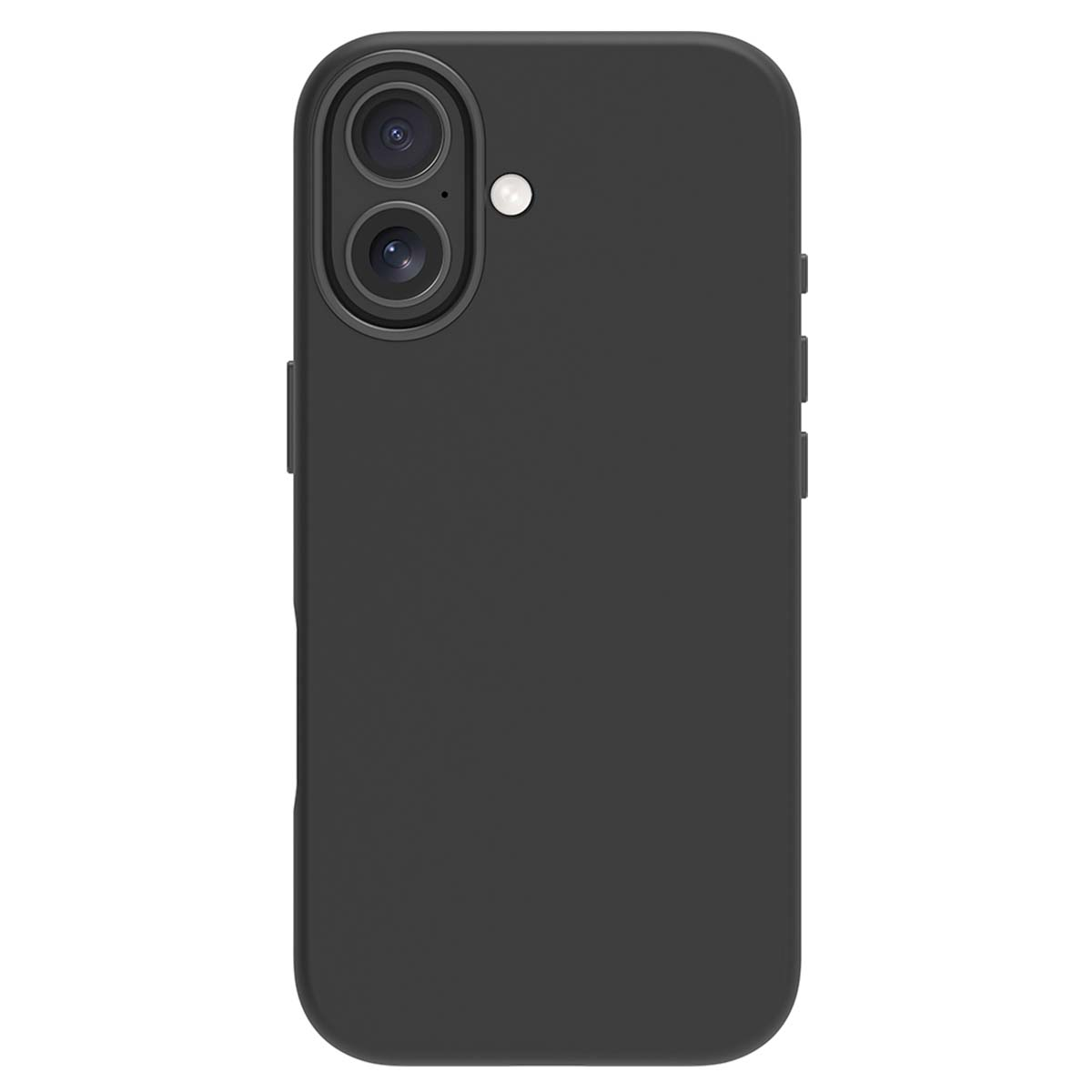 Custodia nera per telefono con doppio ritaglio fotocamera e flash sul retro.