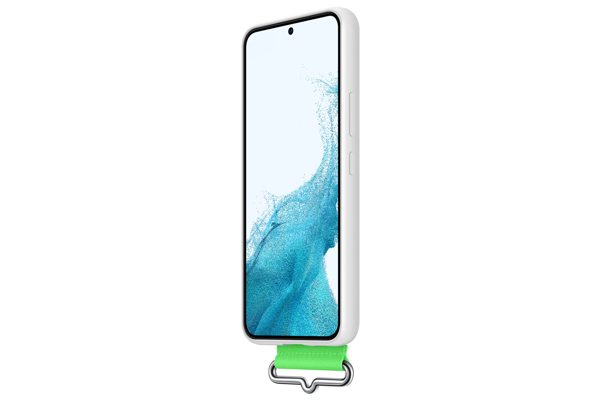 Biały smartfon z zielonym paskiem i srebrnym hakiem na czarnym tle.