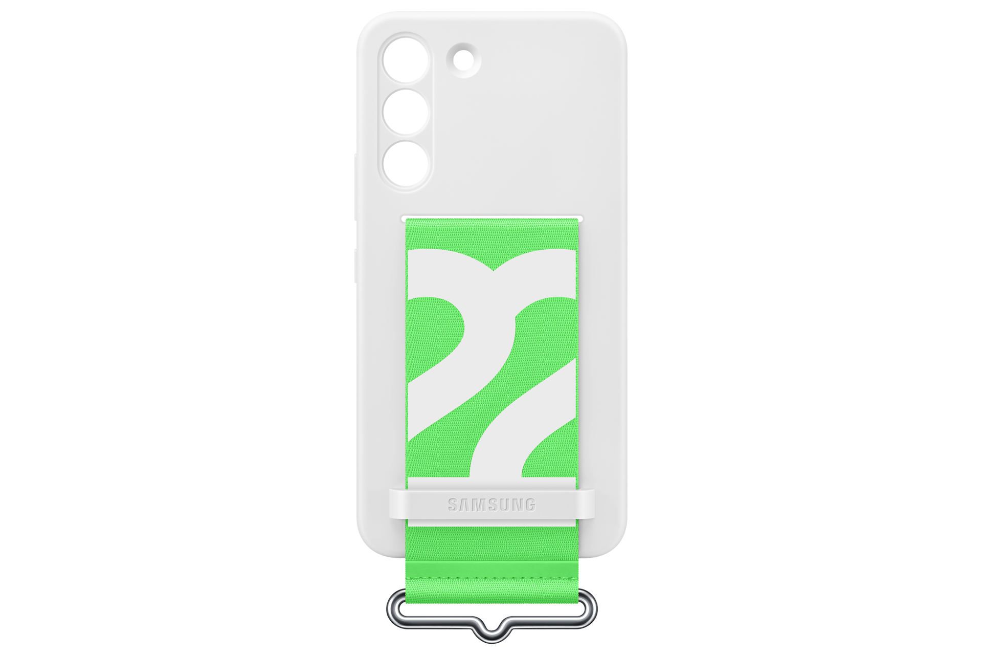 Białe etui na telefon z zielonym paskiem i białym wzorem.