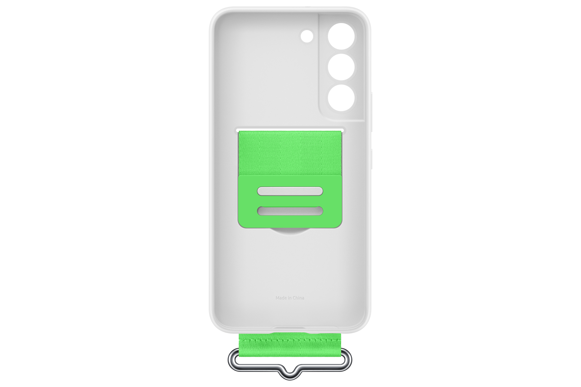Białe etui na telefon z jaskrawozielonym paskiem i srebrnym haczykiem na dole, na czarnym tle.