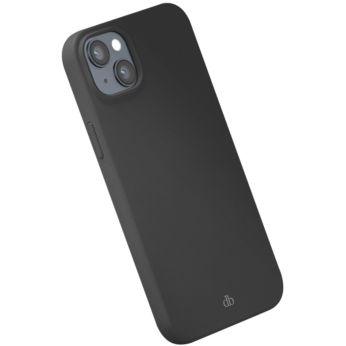 Custodia nera per telefono con ritaglio doppia fotocamera e logo discreto.