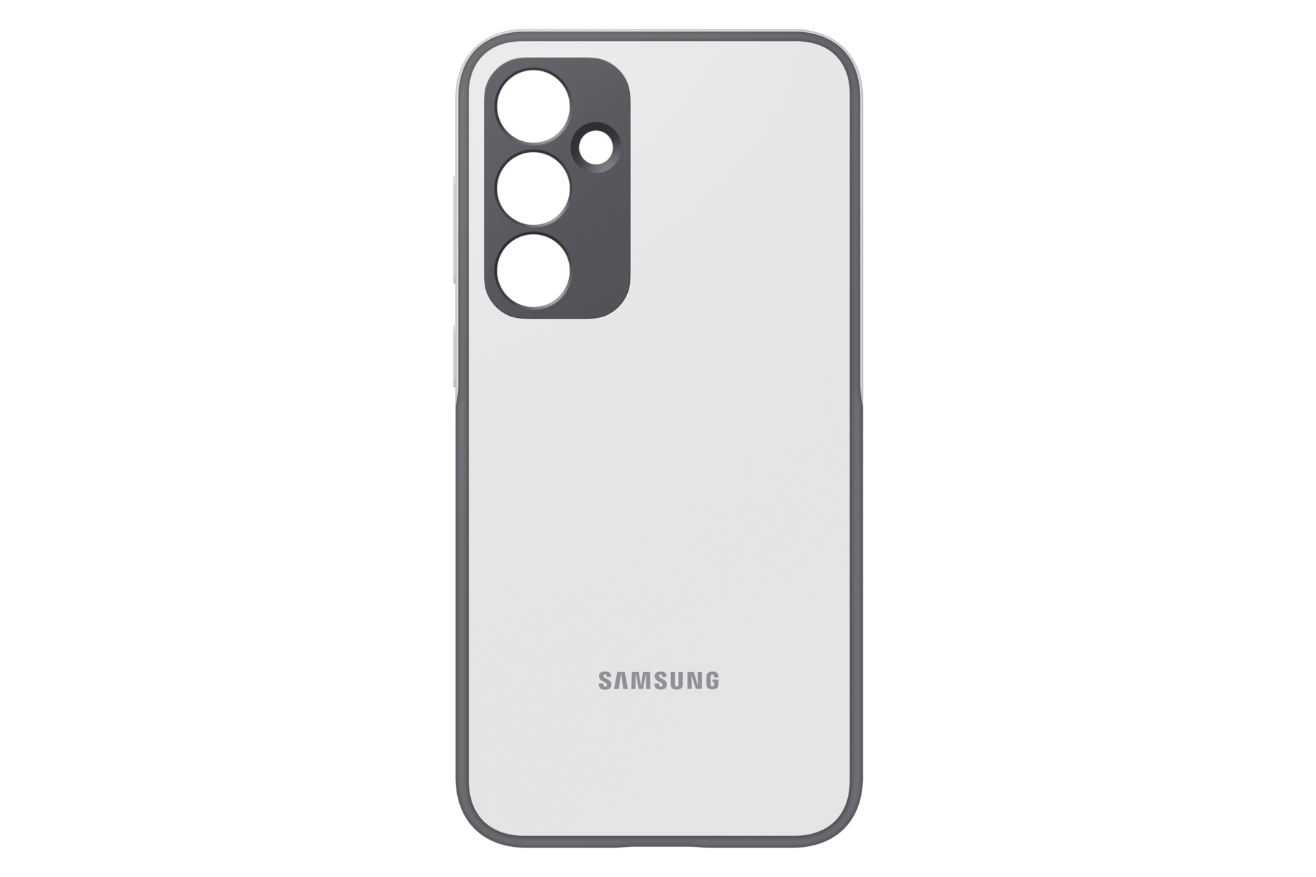 Parte trasera de un smartphone Samsung blanco con módulo de cámara triple gris.