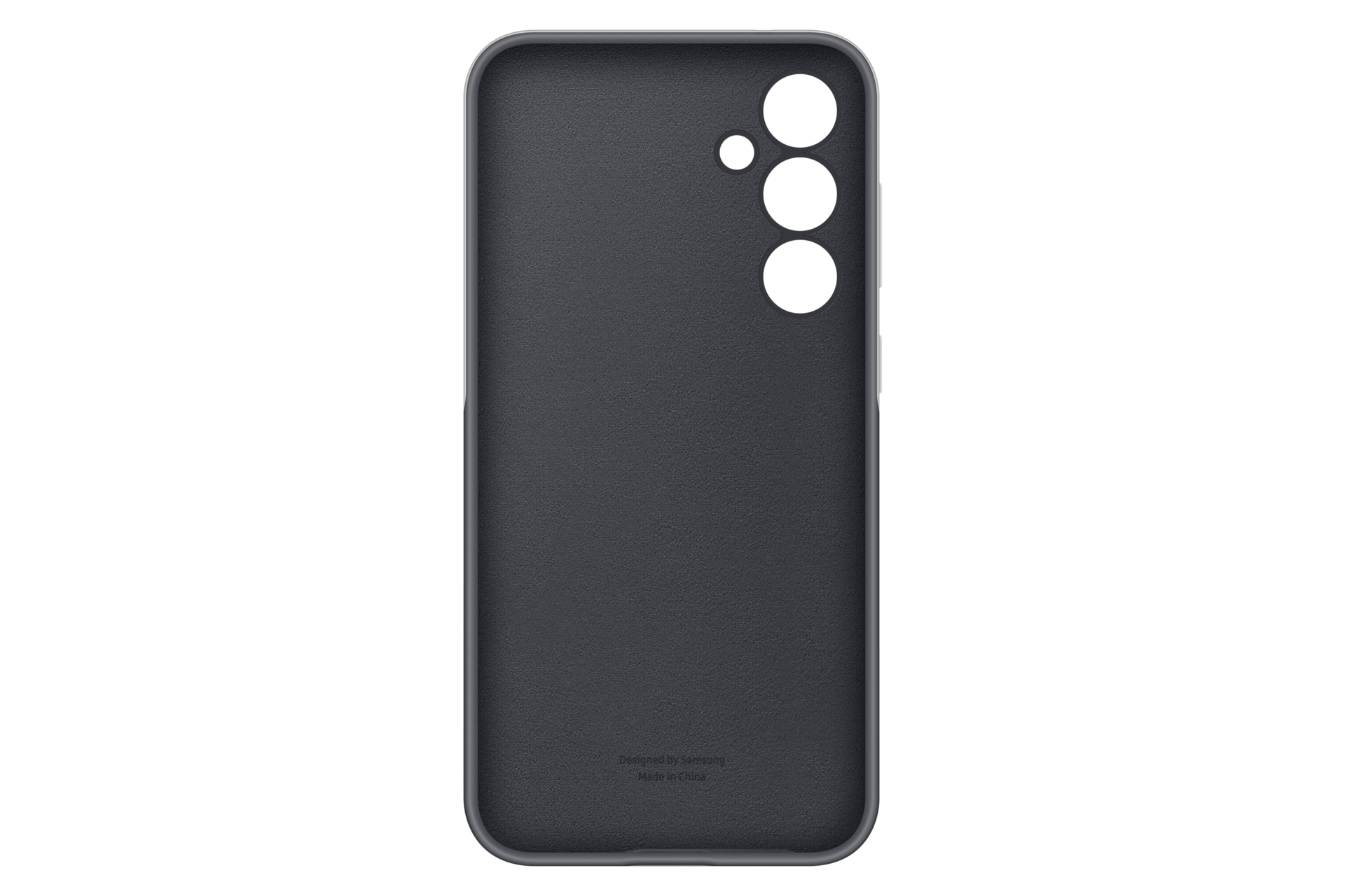 Funda de silicona gris oscuro para teléfono con tres recortes para cámara y botones laterales.