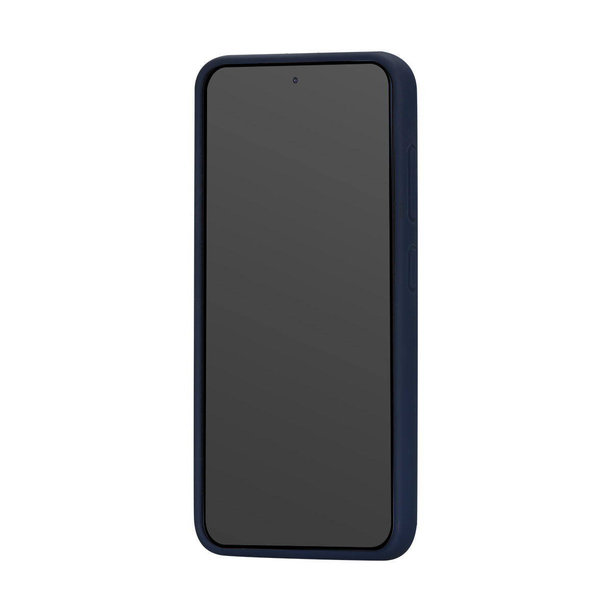 Un telefono blu scuro con schermo scuro su sfondo bianco.