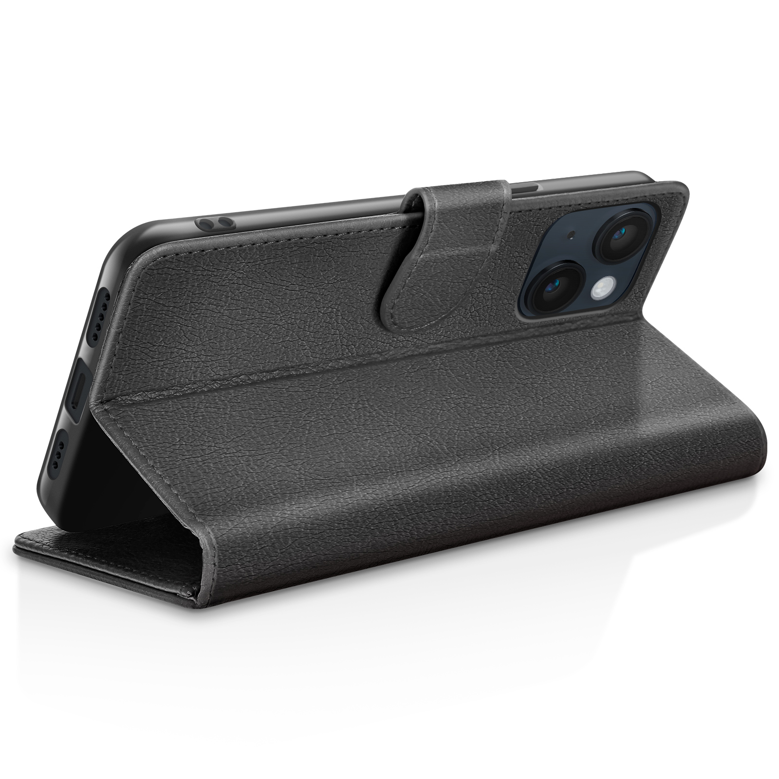Smartphone nero in custodia a libro, con fotocamera e altoparlanti visibili.