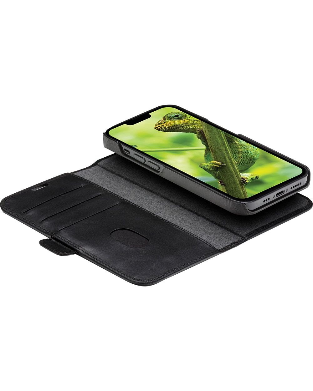Custodia a libro nera per telefono con smartphone che mostra uno sfondo di camaleonte verde.