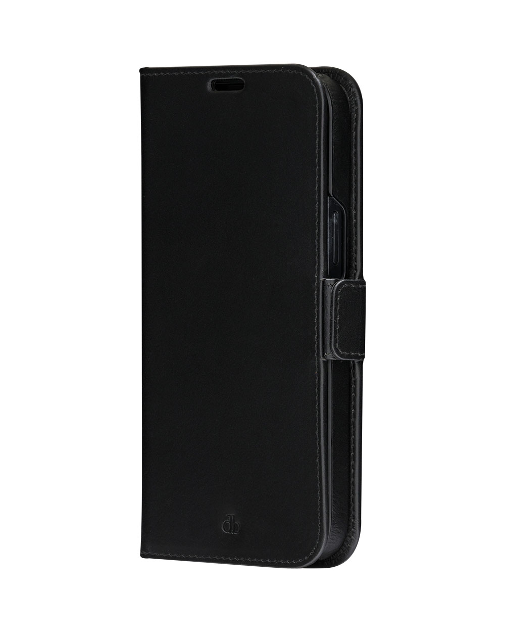 Custodia a libro in pelle nera per smartphone, con logo in basso.