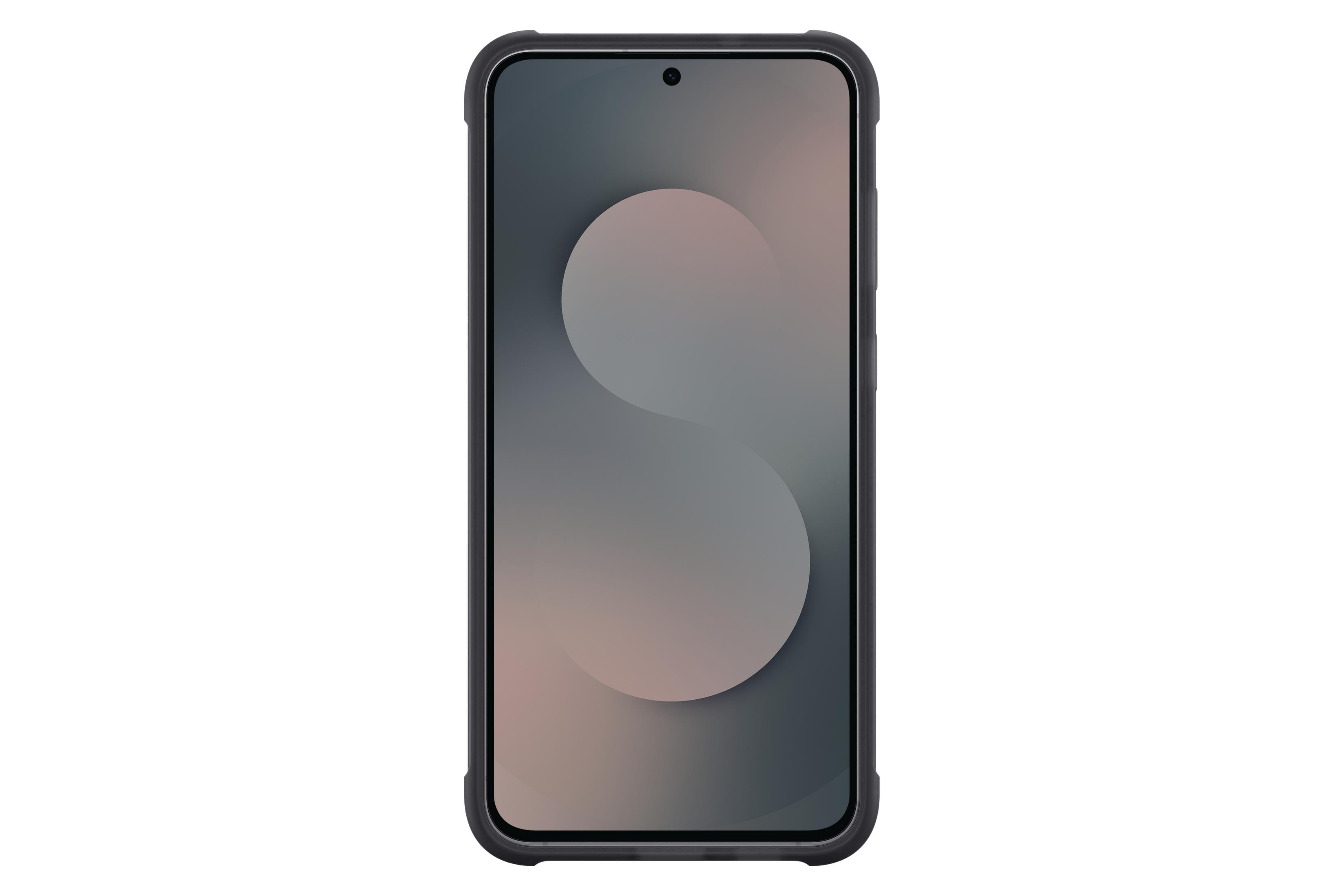 Un smartphone sombre avec un fond simulé. Une forme circulaire est visible.