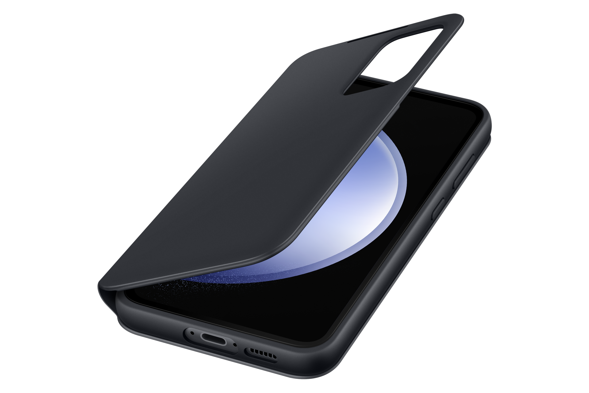 Schwarzes Handy mit geöffneter Hülle, die die Kamera zeigt.