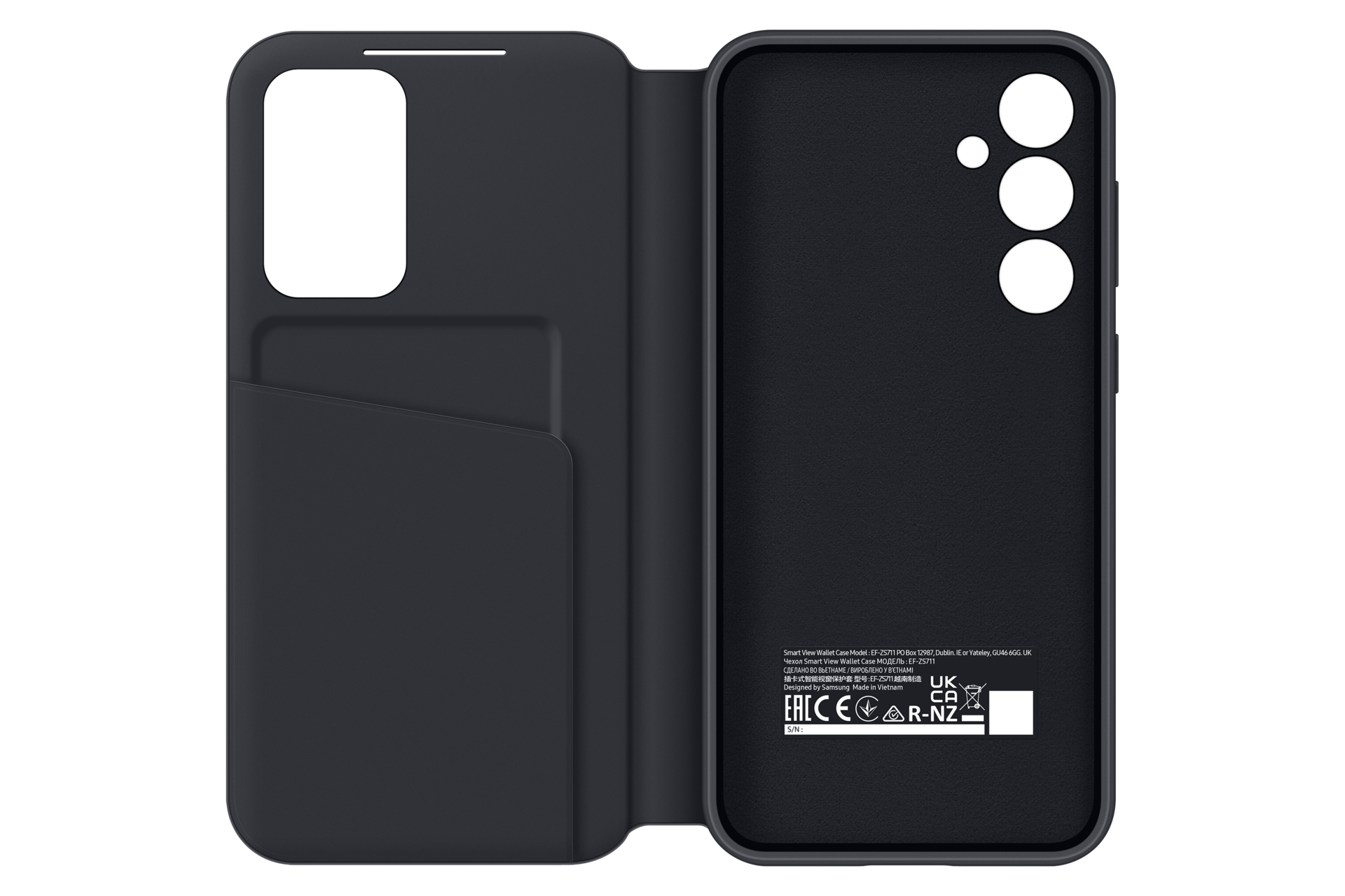Dunkelgraues Handycover mit Aussparungen für Kamera und Kartenfach.