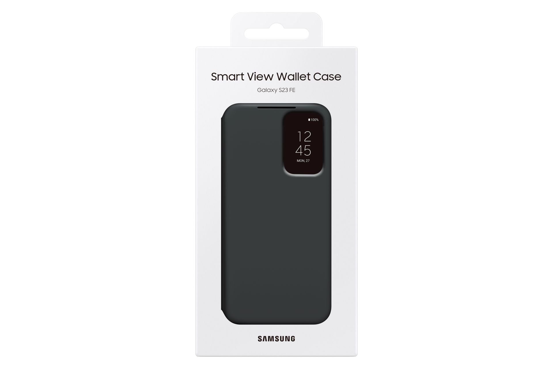 Schwarze Samsung Galaxy S23 FE Smart View Wallet Hülle in Verpackung.