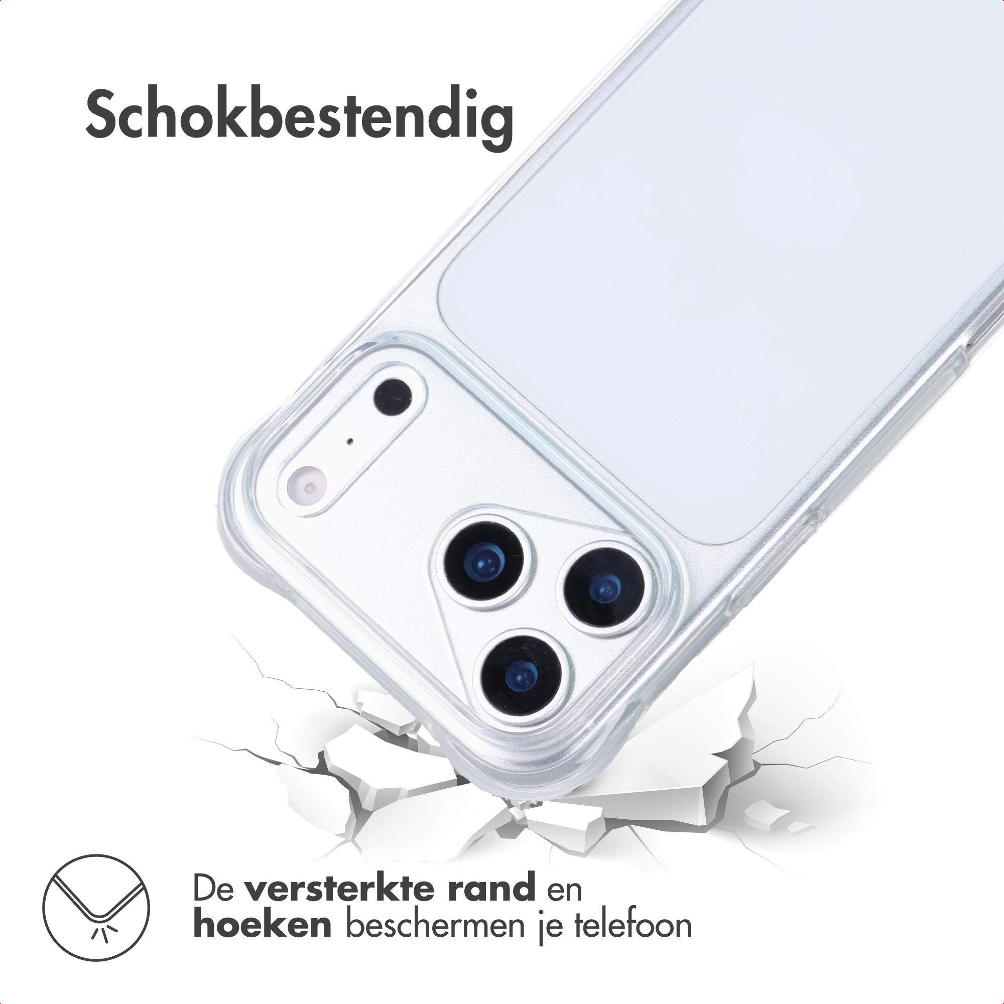 Shockproof phone case with reinforced corners lies on cracked ground.