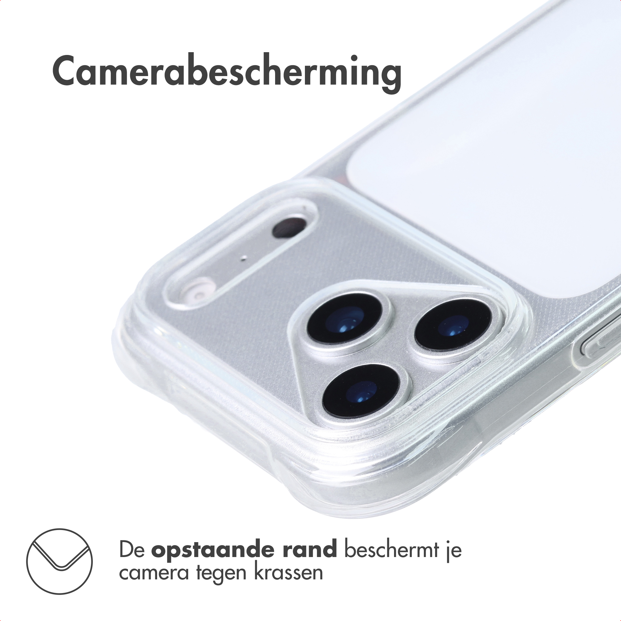 Clear phone case showing triple camera with raised edge for protection.