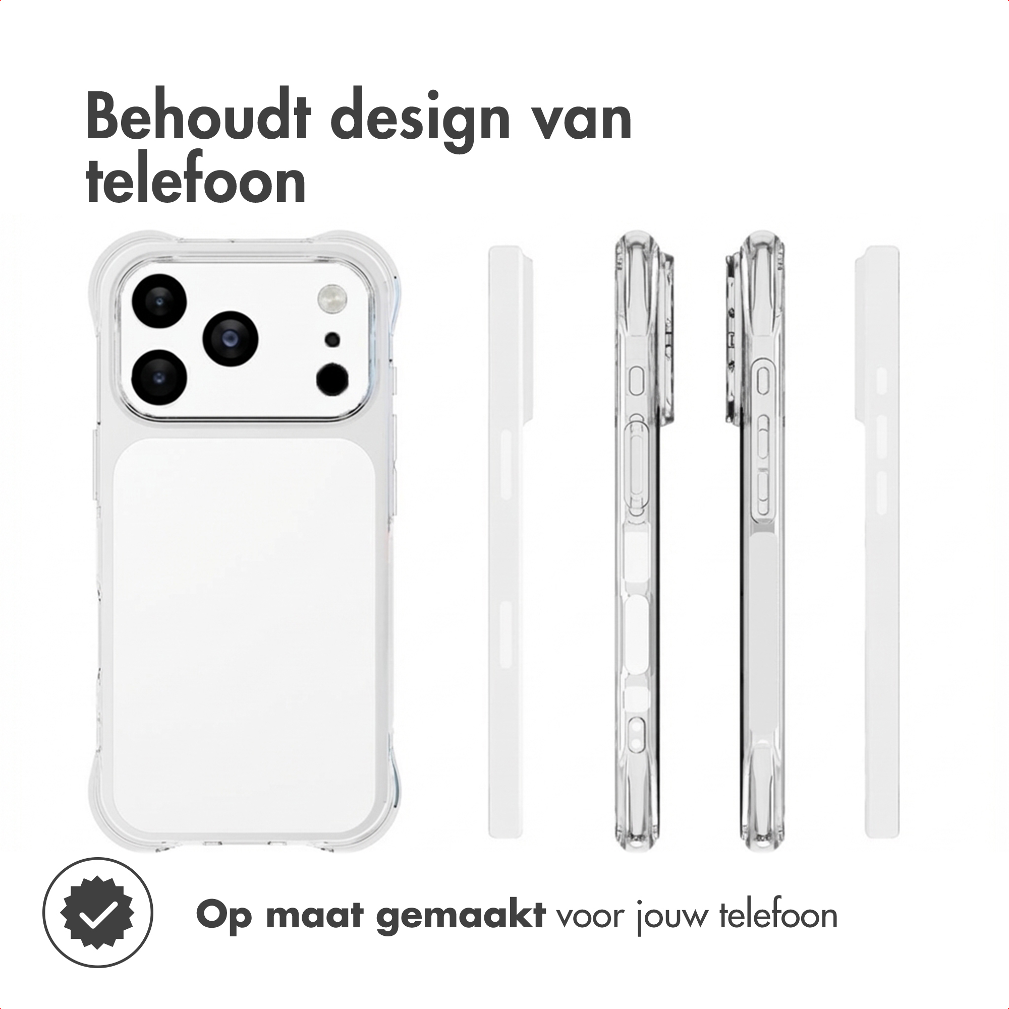 Clear phone case with camera cutout and side views shown.