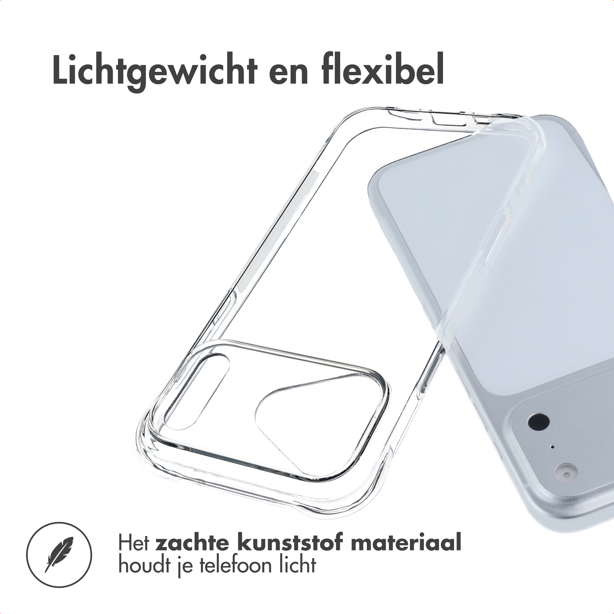 A clear phone case is lying on a silver smartphone.