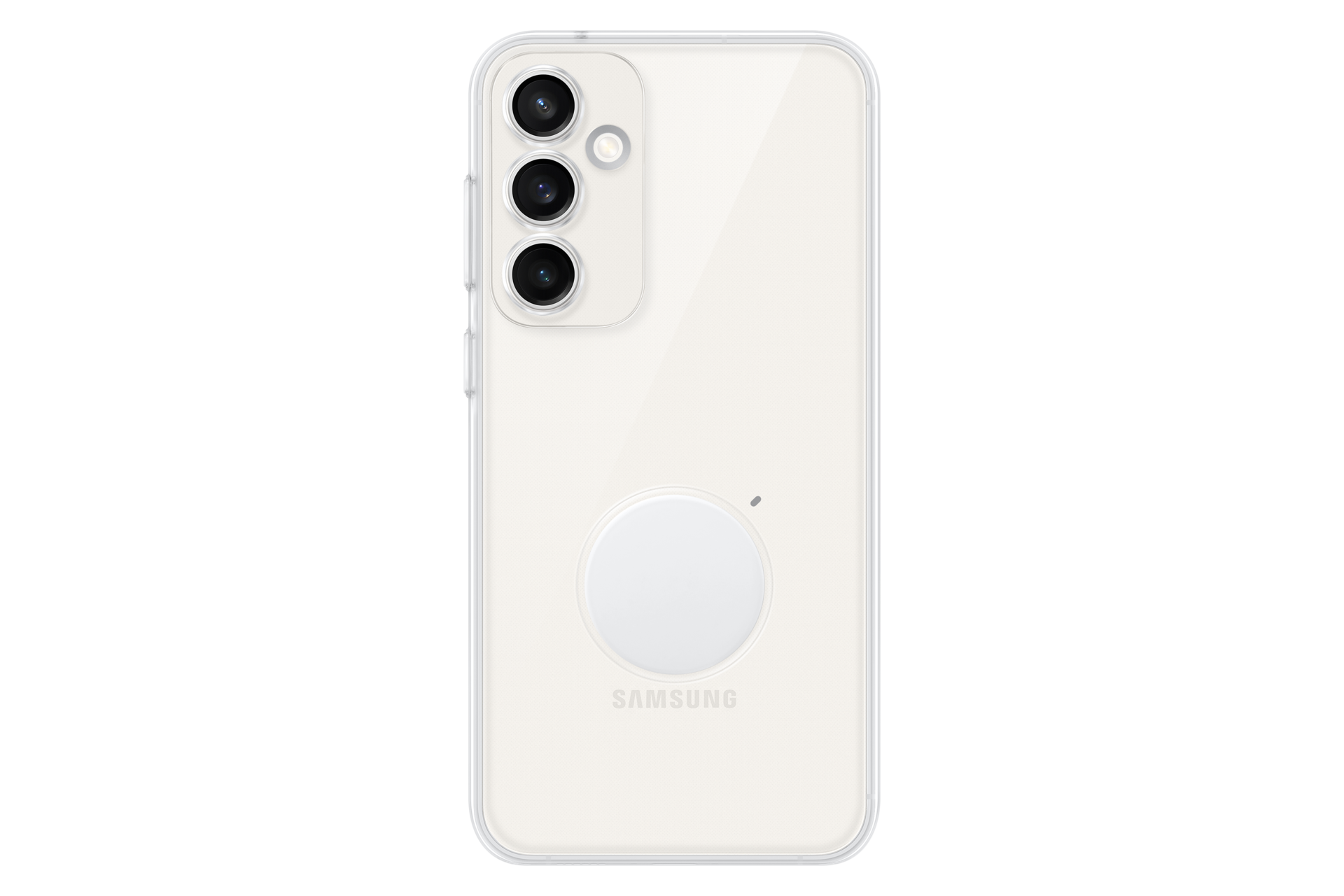 Parte trasera de un smartphone Samsung blanco con tres cámaras y un accesorio de carga redondo.
