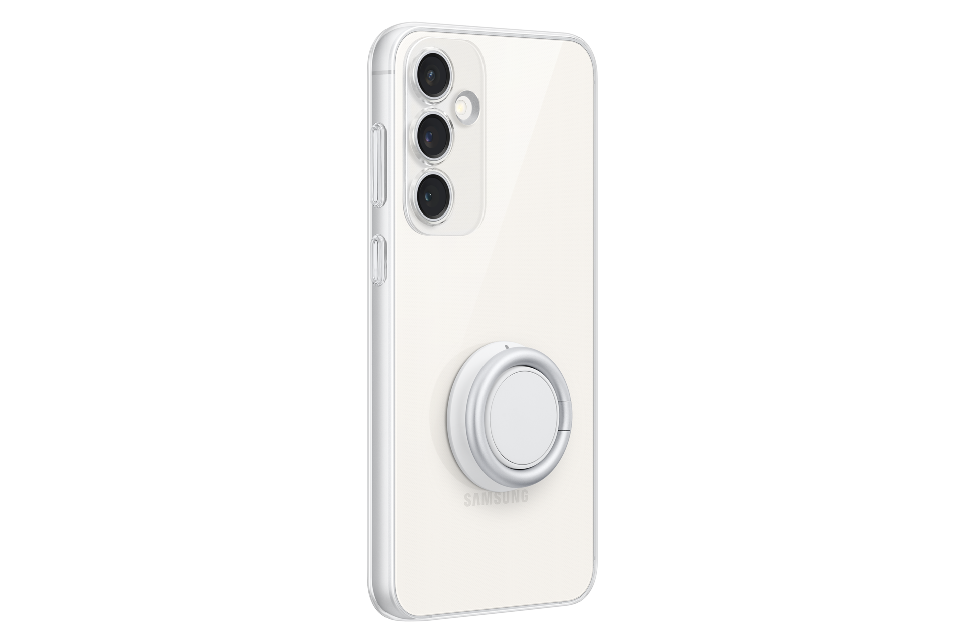 Un teléfono transparente con un agarre de anillo plateado en la parte trasera y tres cámaras.