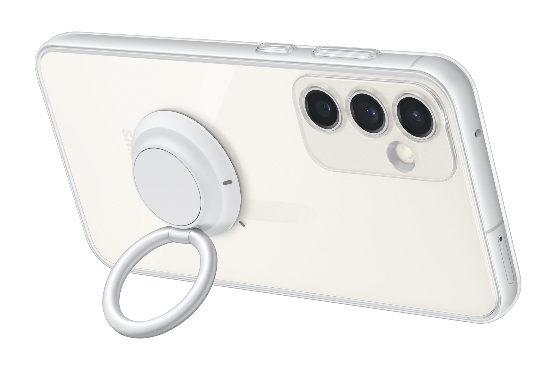 Un teléfono blanco con funda transparente y soporte de anillo blanco detrás.