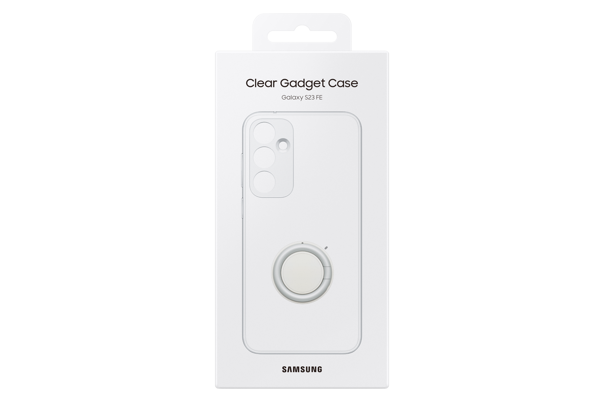 Embalaje de una funda transparente para móvil con soporte de anillo para el Galaxy S23 FE.