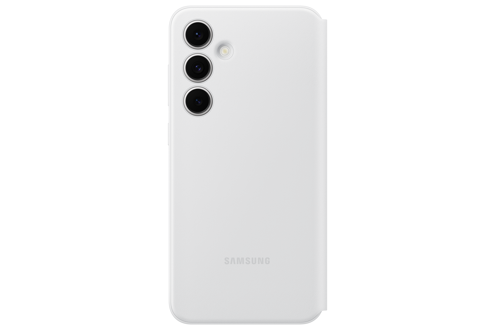 Custodia bianca per telefono con tre obiettivi e logo Samsung.