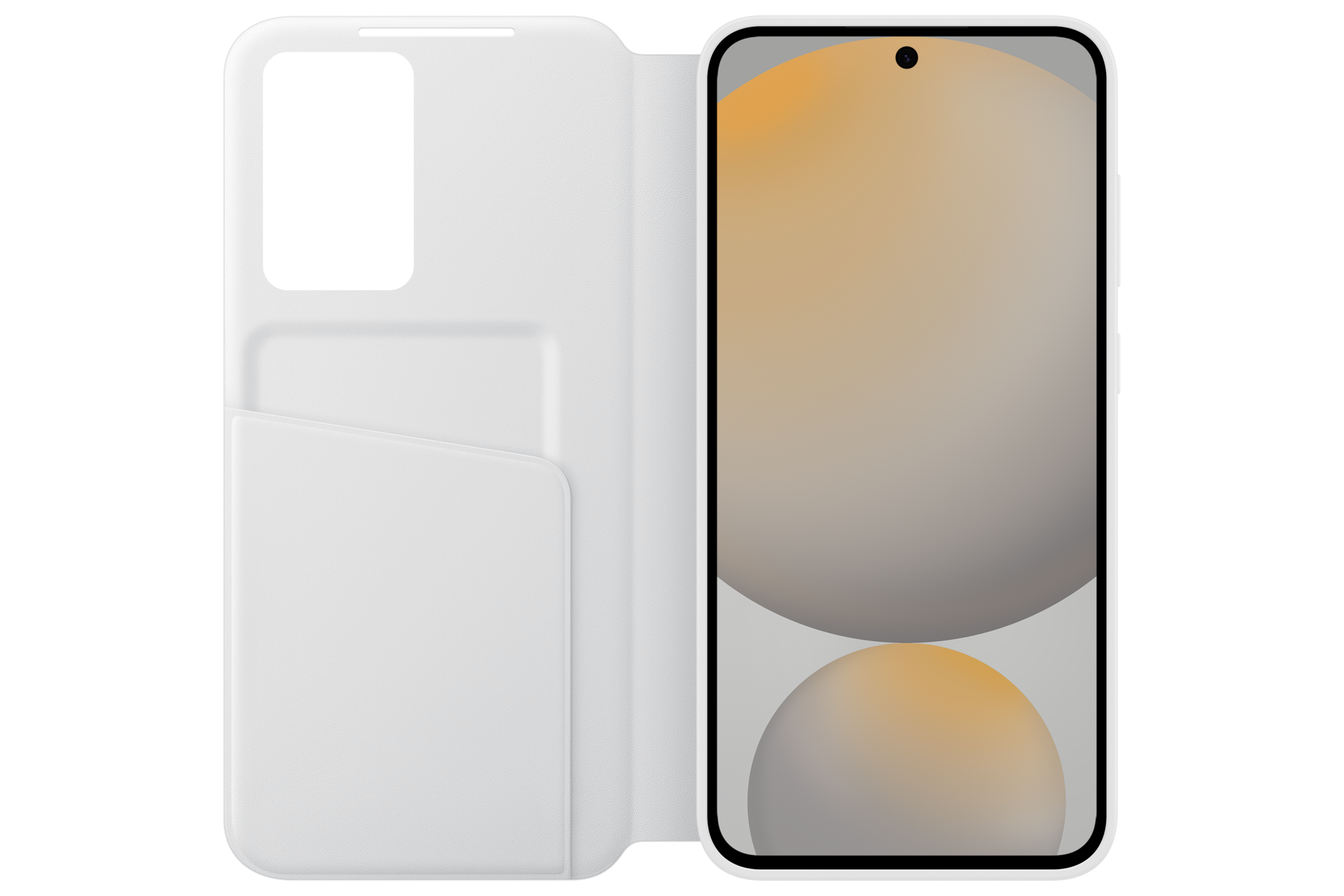 Una custodia a libro bianca per telefono accanto a uno smartphone con sfondo astratto.