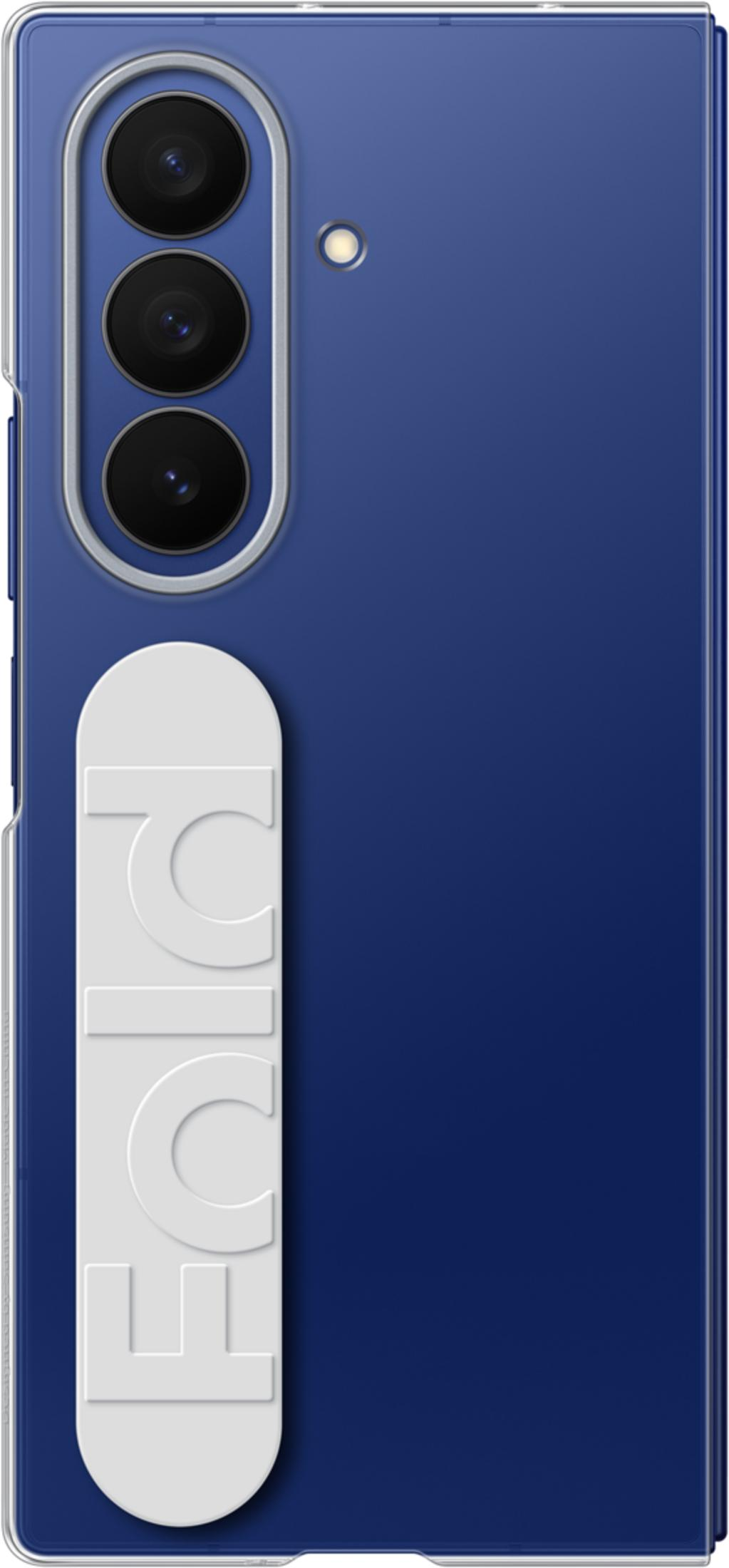 Parte trasera de smartphone azul con tres cámaras y banda blanca.