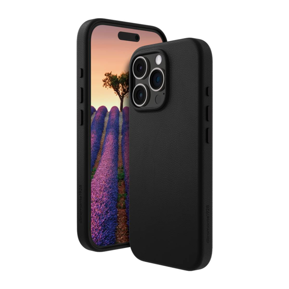 iPhone nero con sfondo di campo di lavanda e tre obiettivi.
