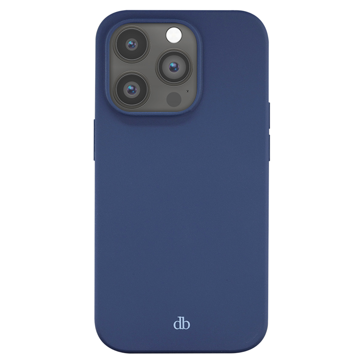 Custodia blu scuro per telefono con tripla lente e flash.