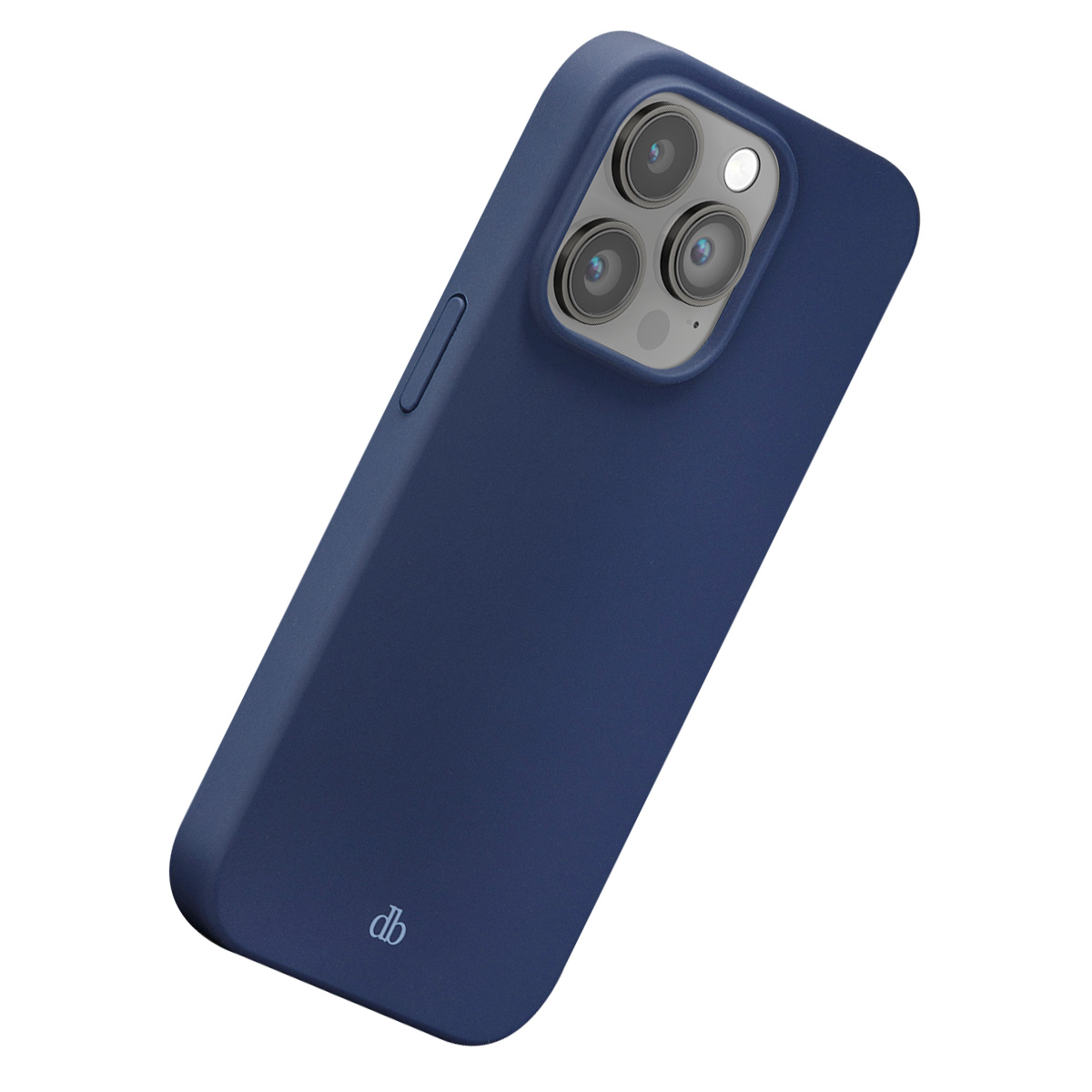 Una cover blu scuro per telefono con ritaglio tripla fotocamera e logo discreto su sfondo bianco.