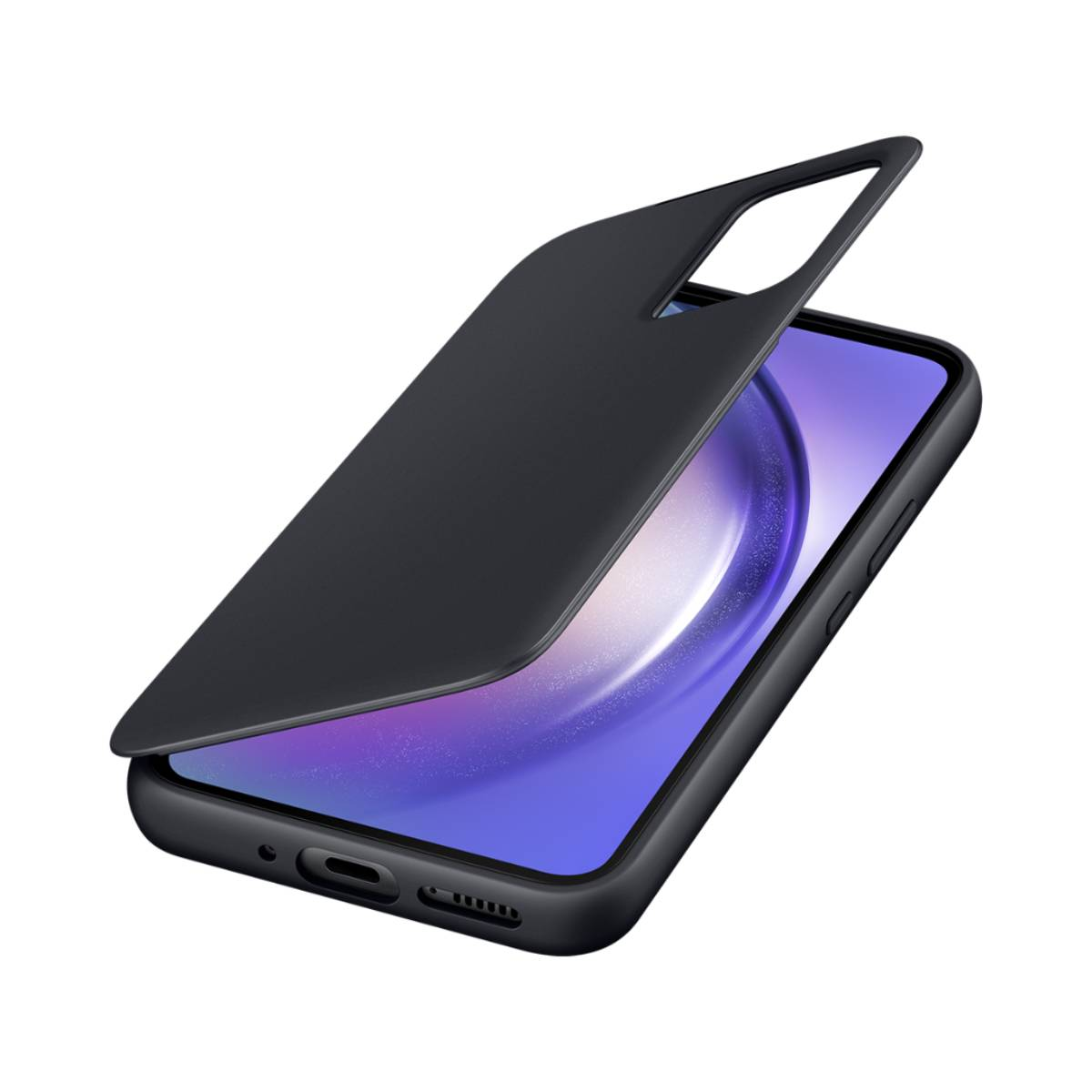 Coque de téléphone noire sur un smartphone à écran violet sur fond blanc.