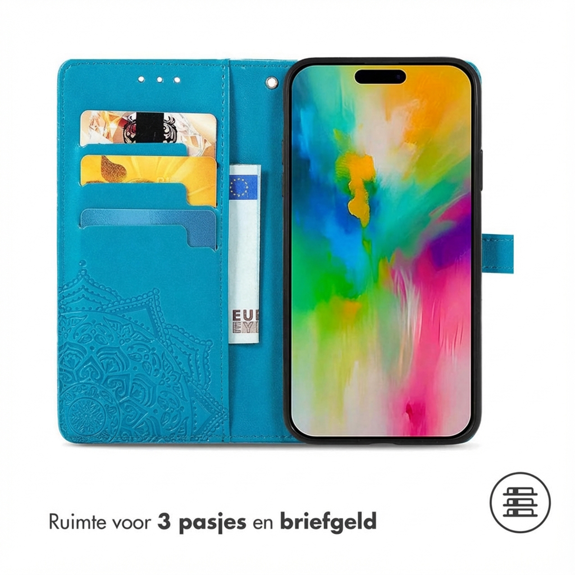 Blauw telefoonhoesje met kaarthouders en een telefoon met een kleurrijk scherm.