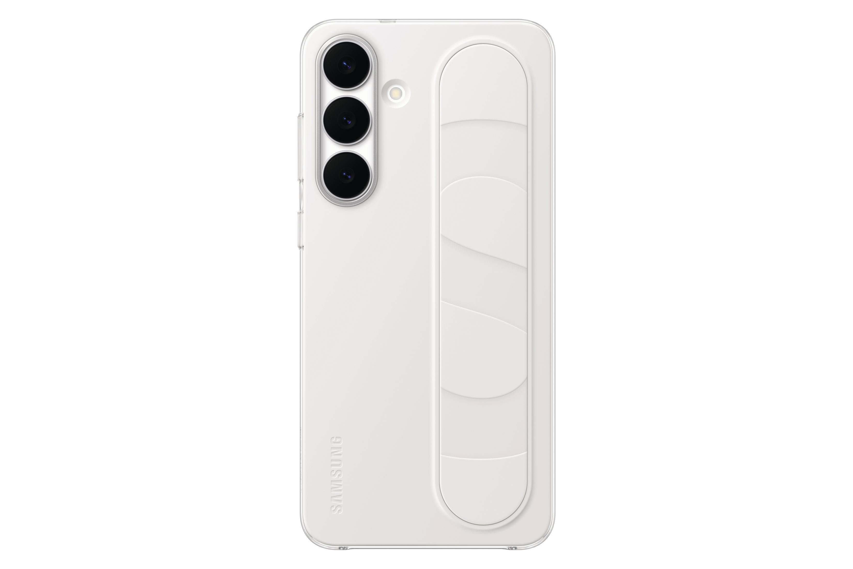 Funda blanca para smartphone con tres cámaras y ranuras verticales.