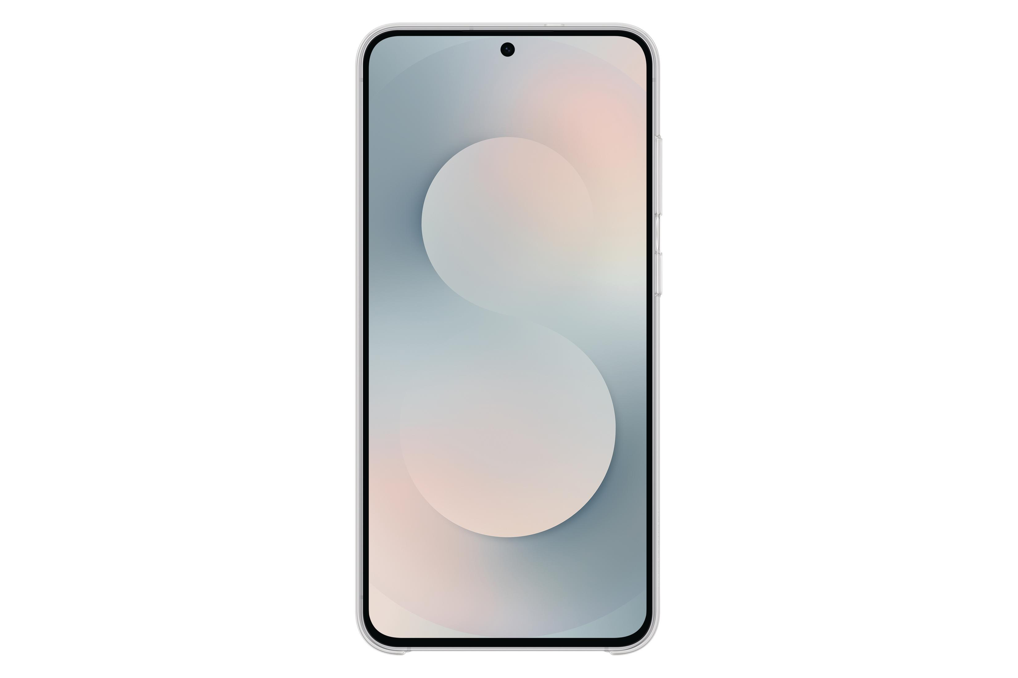 Un smartphone moderno con una funda transparente y un fondo estilizado.