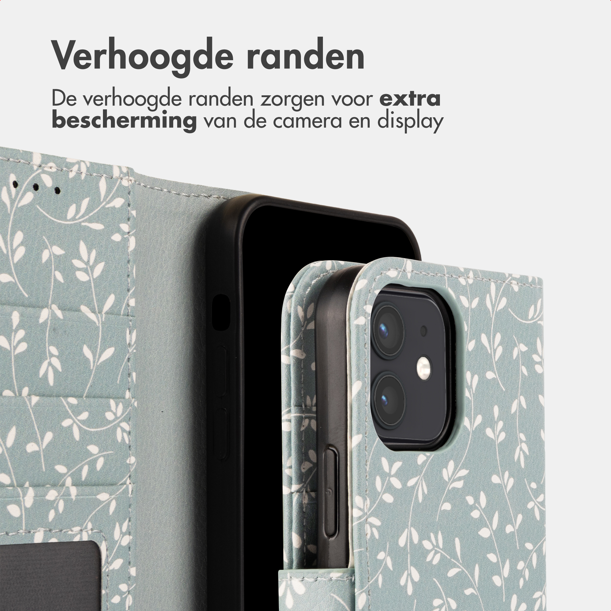 Una custodia blu-verde con motivo a foglie protegge uno smartphone.