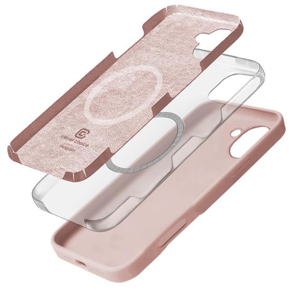 Tre custodie per iPhone color oro rosa impilate. Uno strato trasparente con anello magnetico.