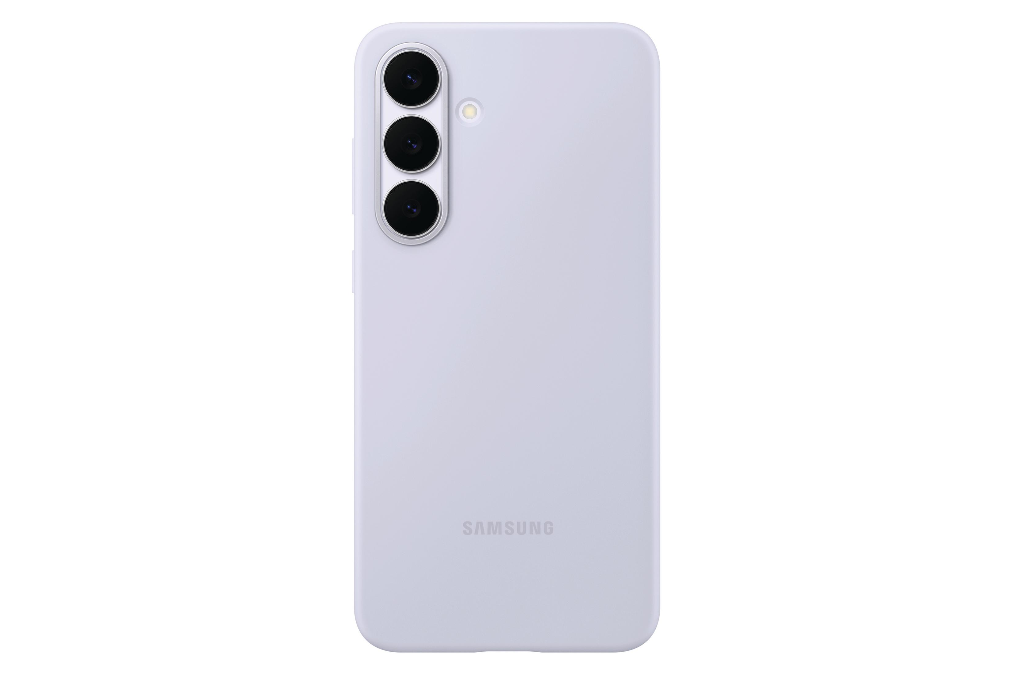 Jasnofioletowy telefon Samsung z trzema obiektywami i lampą błyskową.