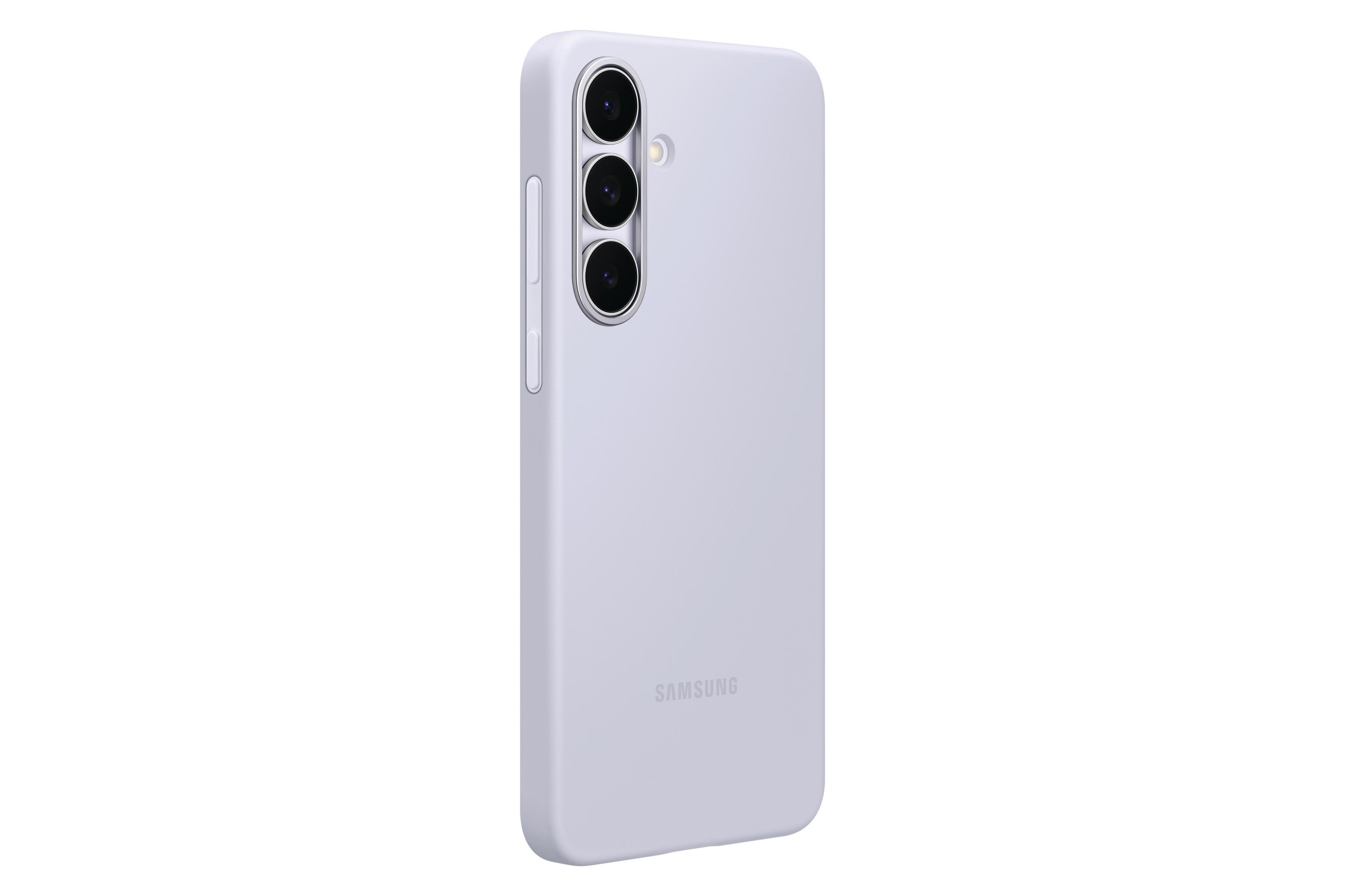 Jasnofioletowe etui na telefon z trzema obiektywami i logo Samsung.