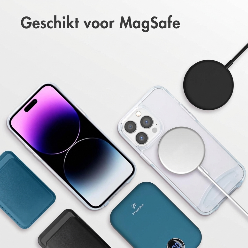 Zwei iPhones mit MagSafe-Zubehör: Ladekabel, Powerbank und Hüllen.