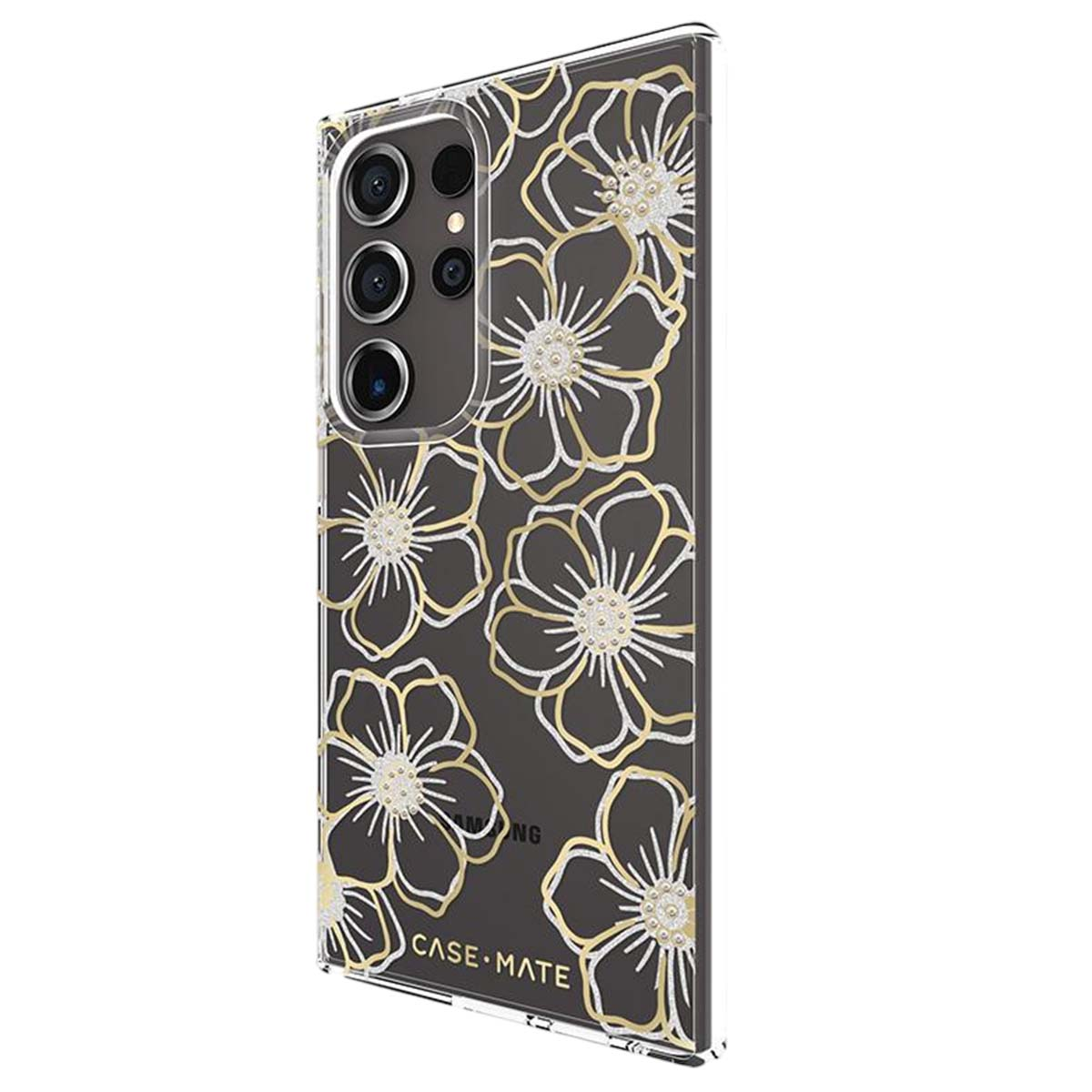 Custodia trasparente per telefono con fiori bordati d'oro e centri di perle.